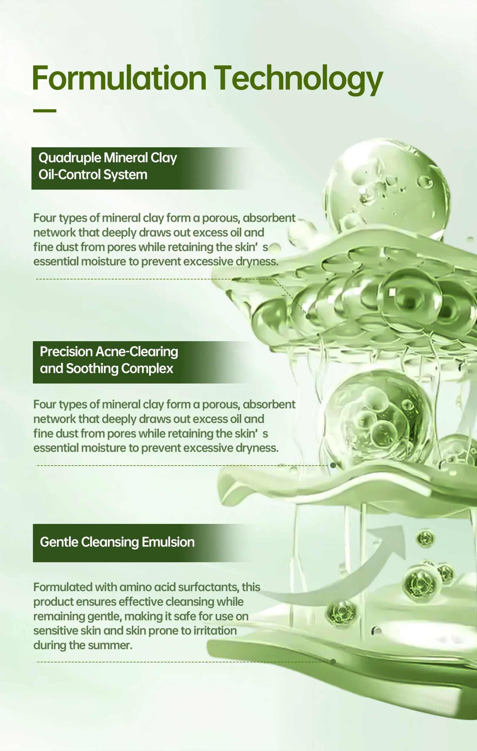 Detailed infographic about skincare formulation technology featuring mineral clay oil-control system, acne-clearing complex, and gentle cleansing emulsion in a green-themed layout.
